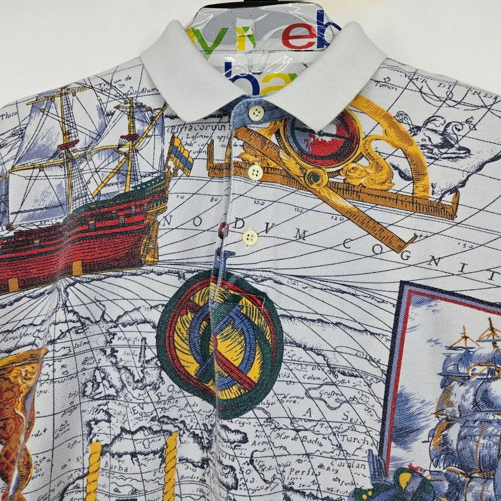 Vintage American Eagle Shirt Mens Extra Large Nautical Polo‎ Short Sleeve AOP
